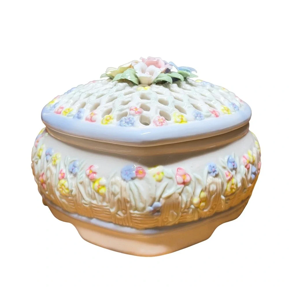 Vintage Heart Shaped Ceramic Trinket Box Pierced Lattice Lid Floral Relief White
